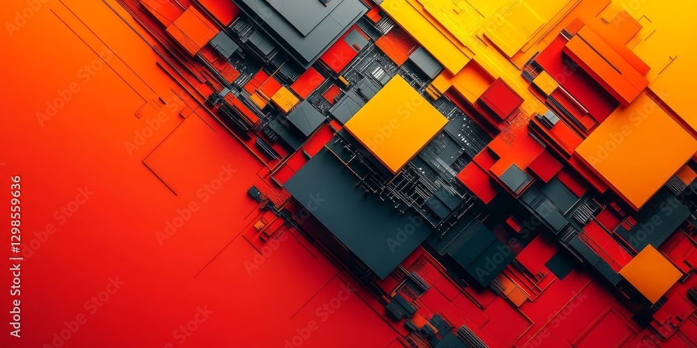 Poster angular geometric forms and circuit elements compose abstract artwork