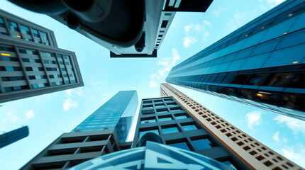 Dynamic High-Angle View of Skyscrapers: Glass, Concrete, and Metal Facades Under Bright Blue Sky with Abstract Foreground