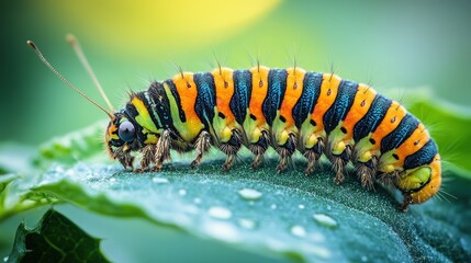 Fototapeta premium Vibrant caterpillar crawling on a dewy leaf, showcasing intricate details and striking colors.