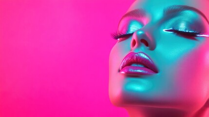 Stylized mannequin with glossy skin illuminated by vibrant neon