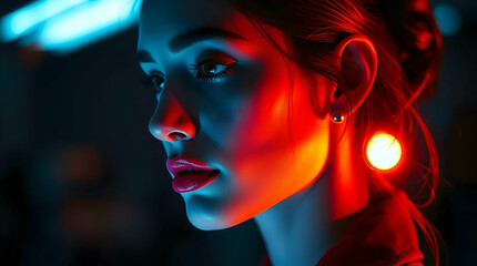 Futuristic Cinematic Portrait: High-Contrast Lighting with Vibrant Red and Blue Accents, Focus on Facial Contours and Mood