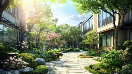 Obraz premium A courtyard with stone paths, green plants and trees in the yard