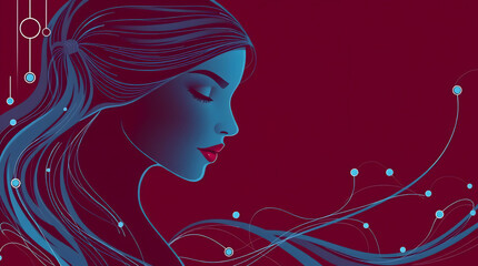 Serene Connection: A Stylized Portrait of a Woman with Flowing Blue Hair and Glowing Abstract Elements