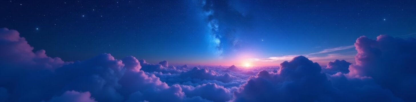 Serene night sky, stars shining over ethereal clouds, texture, radiant