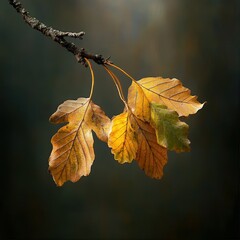 Golden autumn leaves on a branch against a dark background