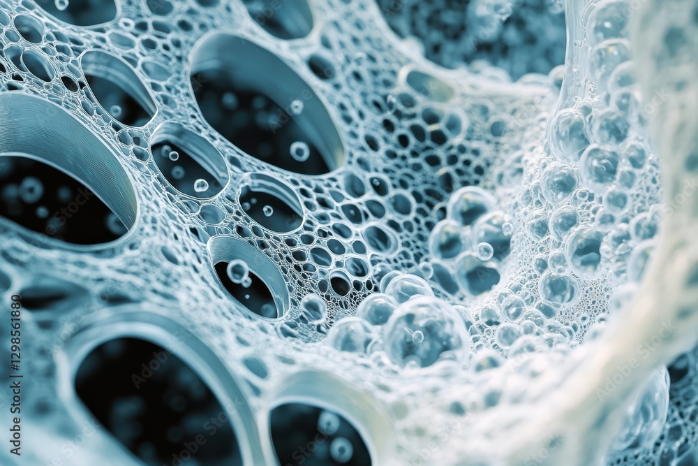 Poster close-up view of soap bubbles and foam structure magnified under bright light