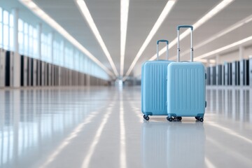 Obraz premium Two light blue suitcases stand in a terminal hall.