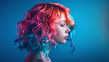 Fototapeta premium High detailed close up portrait of young female with Dyed Multi Colors Hair hairstyle and brighty make-up on vibrant Blue wall. Modern teens expressional serene outlook with individuality accent.