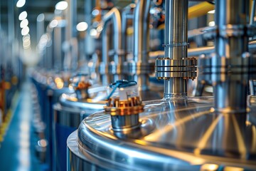 A close-up of a series of sleek stainless steel tanks in a state-of-the-art healthcare facility including a large text area, Generative AI.