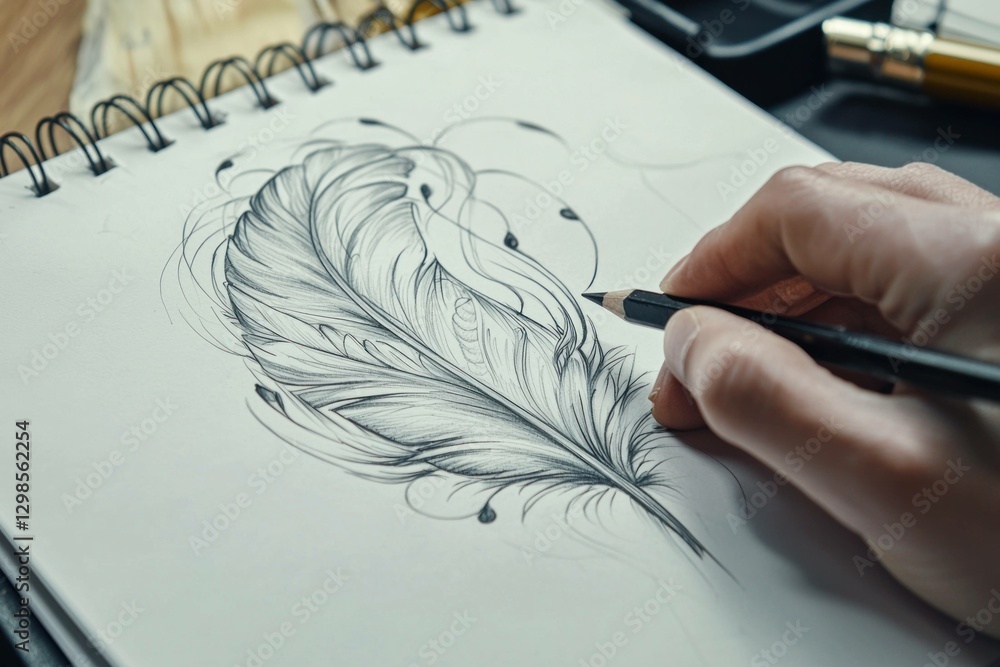Poster a detailed hand drawn feather sketch illustrating creativity and artistry with pencil on a notebook 