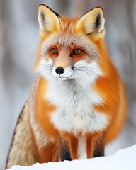 A close-up of a red fox standing in a snowy environment, showcasing its vibrant fur and alert expression.