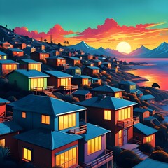 Digital matte painting with houses at sunset in pop art style.