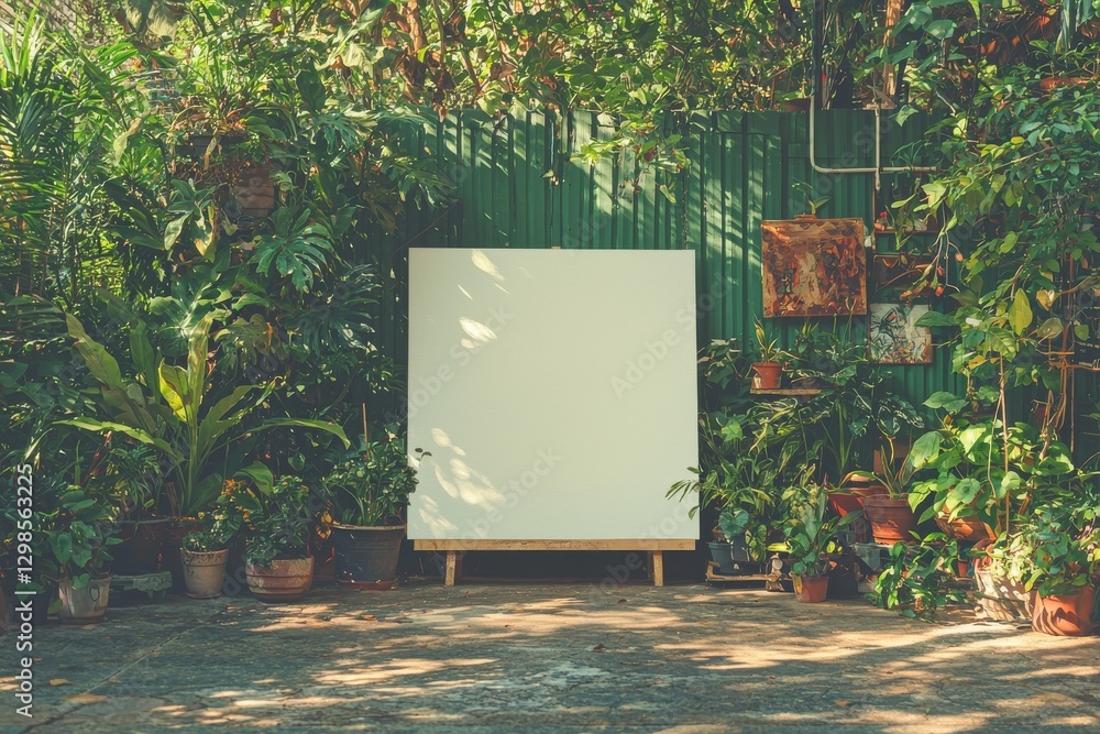 Poster on a beige wall, a white canvas and blank picture mockup hang, serving as a poster mockup with dark 