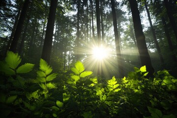 Obraz premium Sunlight Through Trees in a Forest