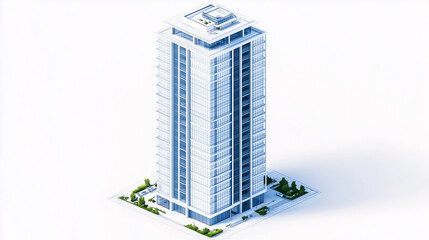 Isometric view of a towering apartment skyscraper set against a pristine white backdrop, featuring a stunning white and blue blueprint-inspired design