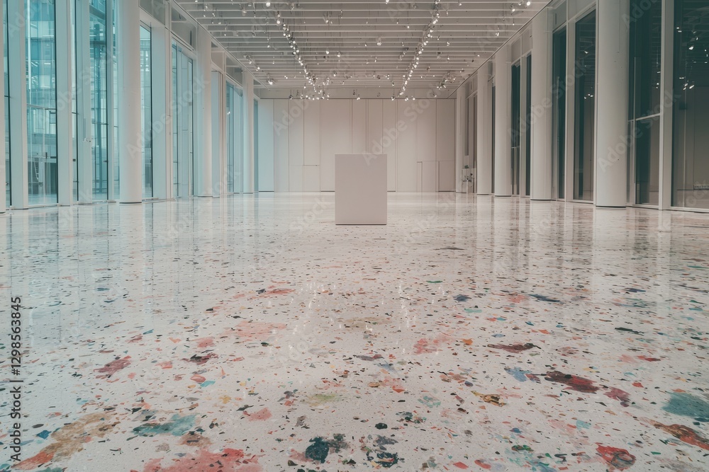 Poster a spacious abstract gallery hall featuring a stone bench on a concrete floor serves as the backdrop 