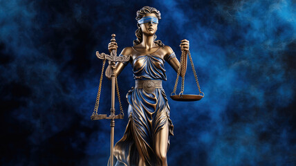 Fototapeta premium Bronze statue of the Goddess of Justice Themis, holding the Law Scales in her hands, on dark blue smoky background. Copy space.