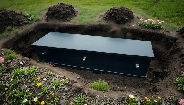 Black coffin in grave surrounded by green grass and flowers