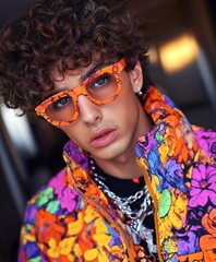 Fashion photograph of a young man model wearing extravagant glasses and colorful flower print jacket and metal necklets. It's an editorial photograph that feels like something from a fashion magazine