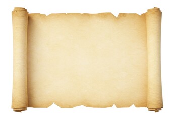 Aged parchment scroll with rolled edges and a textured yellowed surface isolated on white background