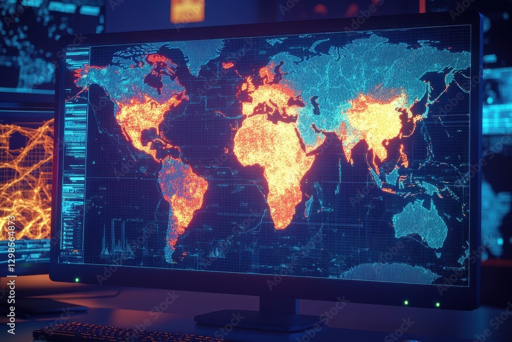 Poster visualizing global data trends on a digital world map during nighttime analysis session