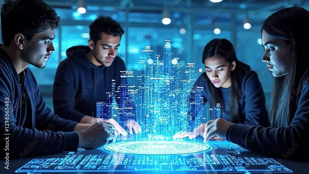 Poster digital synergy: a team of tech-savvy individuals huddles around a futuristic holographic display, i