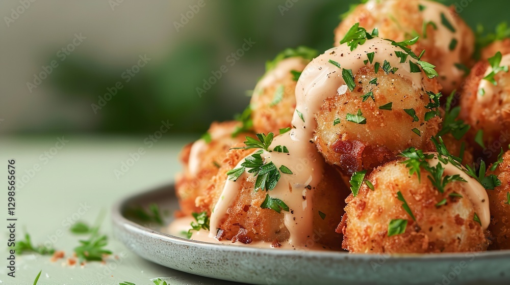 Poster spherical platter of bacon ranch cheese balls with sauce and herbs over a lively green setting tiny 