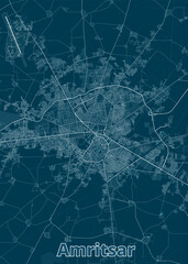 A detailed map of Amritsar, India, rendered in a minimalist style. The map features a dark blue background with white lines representing roads and streets.