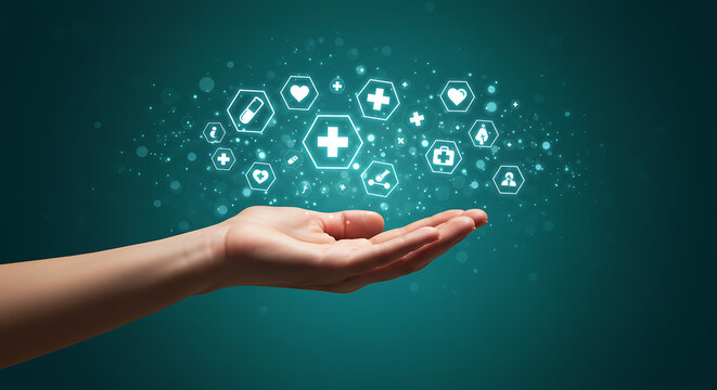 A hand seemingly interacts with floating healthcare icons, creating a concept of modern health management amid glowing bokeh lights
