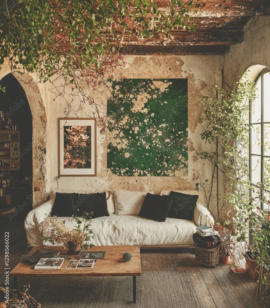 Poster a nomadic boho interior background with rustic decor features a mockup frame, created as a 3d render