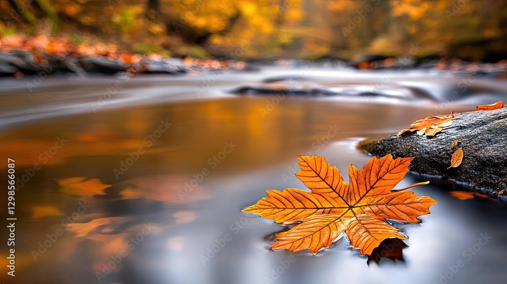 Poster soft-focus image of autumn leaves floating on a gently moving river, rich warm tones creating a tran