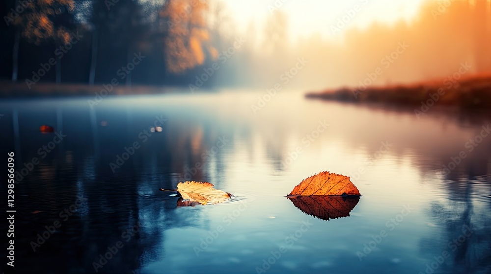 Poster soft-focus image of autumn leaves floating on a gently moving river, rich warm tones creating a tran