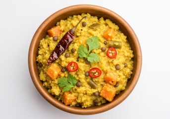 Traditional Indian khichdi made with lentils, rice, and vegetables served in a wooden bowl isolated on white background