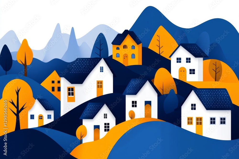 Poster a modern flat design of a small village with tiny houses and trees
