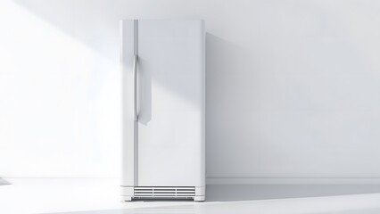 A modern white refrigerator stands against a minimalist backdrop, showcasing sleek design and functional elegance for contemporary kitchens.   
