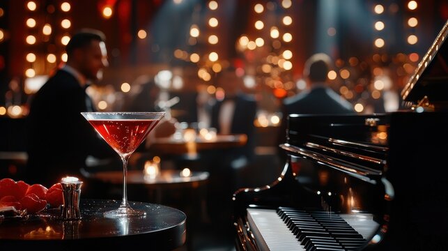 Elegant cocktail in a lively bar setting with a jazz piano in the foreground.