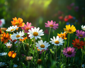 Fototapeta premium A vibrant field of daisies and colorful wildflowers under the sunlight, symbolizing the beauty of nature, the essence of summer, and the colors of a blooming garden.