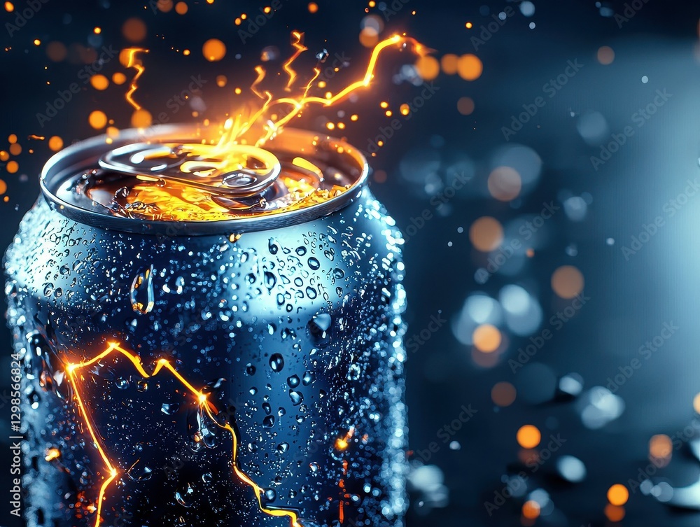 Poster a close-up of a cold beverage can with droplets and electric sparks, creating a dynamic effect.