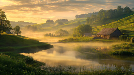 Fototapeta premium A peaceful countryside landscape during sunrise, featuring rolling green hills, a rustic wooden barn, and a winding river reflecting the warm hues of the morning sky. Soft mist adds a dreamy