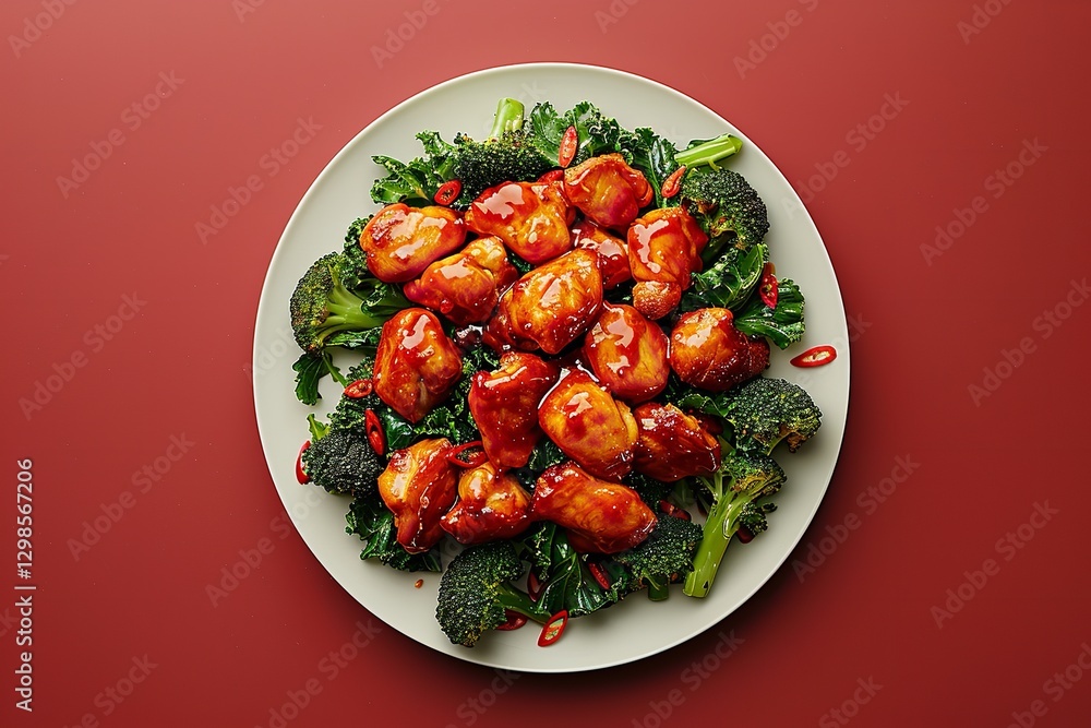 Poster a single serving of bourbon chicken with broccoli in close-up on a spotless dark red backdrop with r
