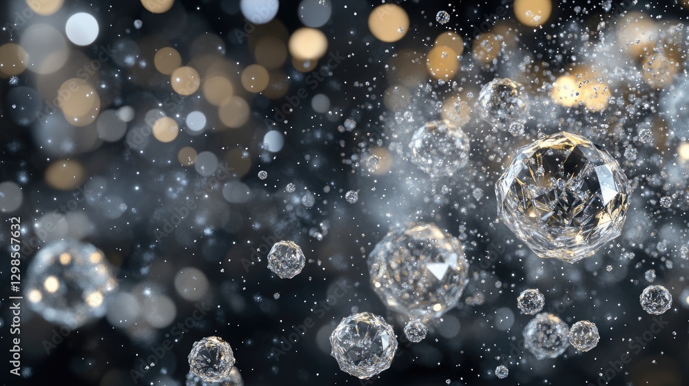 Poster sparkling diamond dust particles floating in the air, shimmering with multi-faceted reflections, iso