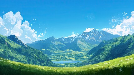 Fototapeta premium Tranquil Alpine Lake with Grass-Covered Hills and Clear Blue Sky, Capturing the Essence of Summer in the Alps, Ideal for Travel and Nature-Themed Designs