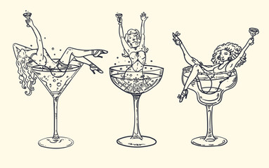 Beautiful vector illustration set of women in cocktail glasses - woman in martini, champagne, margharita, daiquiri and mermaid in a gin glass. For a girls night, bachelorette party