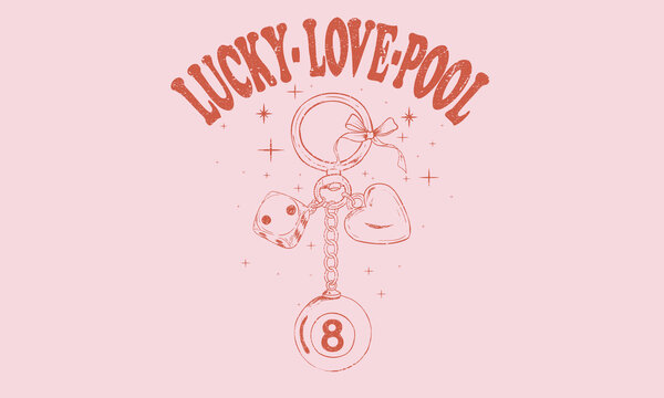 Dice, heart and eight ball key set design for t shirt print, poster, sticker, background and other uses. Love key vintage artwork.