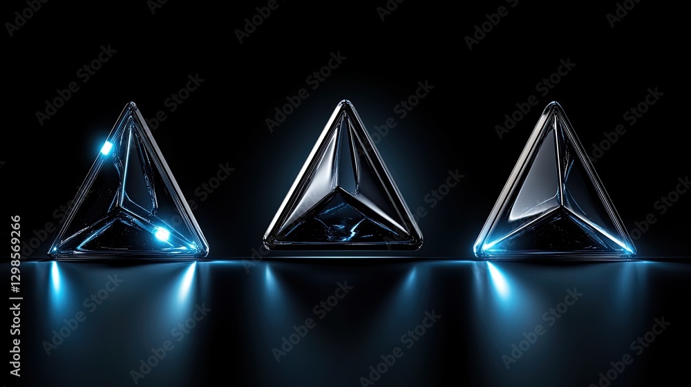 Poster three-dimensional geometric shapes twisting and morphing in space, glowing edges creating a futurist
