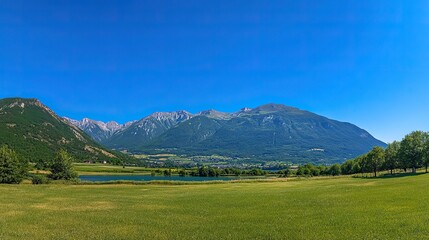 Fototapeta premium Tranquil Alpine Lake with Grass-Covered Hills and Clear Blue Sky, Capturing the Essence of Summer in the Alps, Ideal for Travel and Nature-Themed Designs