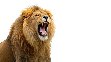 Obraz premium Majestic Roaring Lion Close-Up with Sharp Teeth and Golden Mane – Powerful Wildlife Predator on Transparent Background