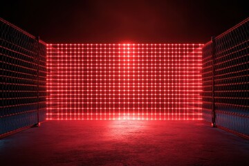 Bright red light grid illuminating a dark urban space at night in an artistic display