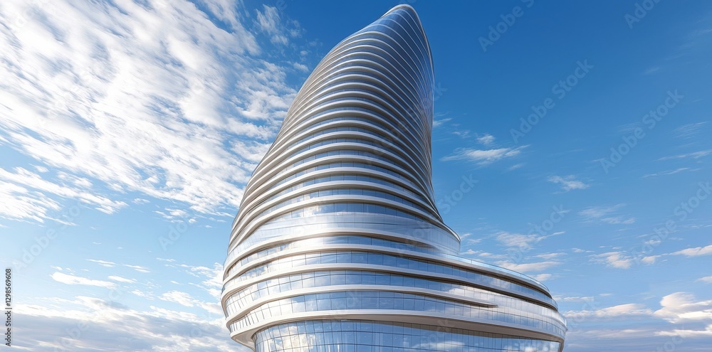 Poster the skyscraper of a futuristic office building with curved glass windows is shown from a low angle i