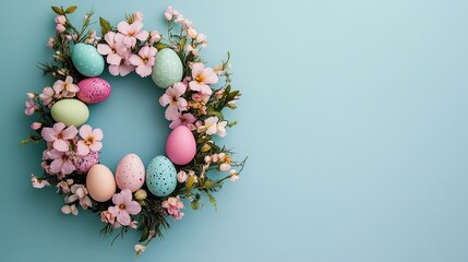 Vibrant floral Easter wreath with colorful eggs nestled among blooming spring flowers, isolated on a soft pastel background.